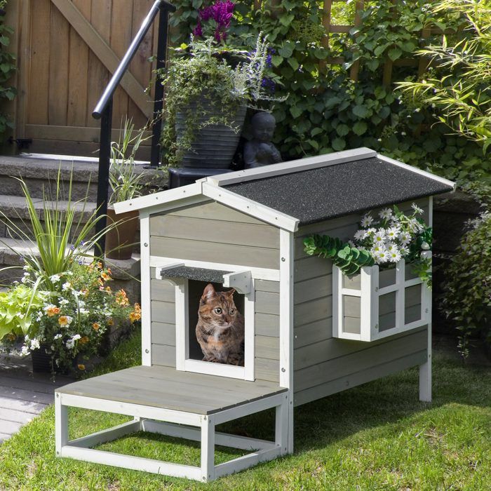 Meilleurs prix pour Maisonnette pour chats niche extérieure surélevé avec terrasse étanche en bois dim. 115L x 665P x 747H cm gris