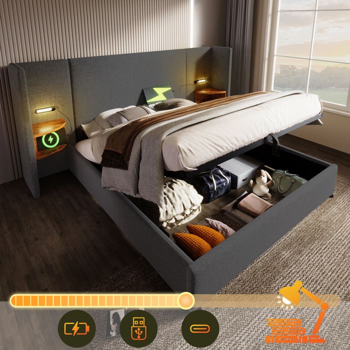 Lit Coffre Adulte 180x200 avec Tête de Lit Multifonction USB Type-C Lampe de Lecture Sommier Relevable Lin gris