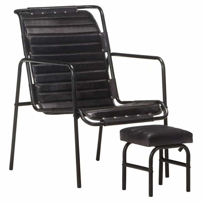 NEUF 2026 CHIC Chaise simple SWEETY Fauteuil de relaxation 1 PLACE avec repose-pied Noir Cuir véritable 54x71x80 cm FF4571