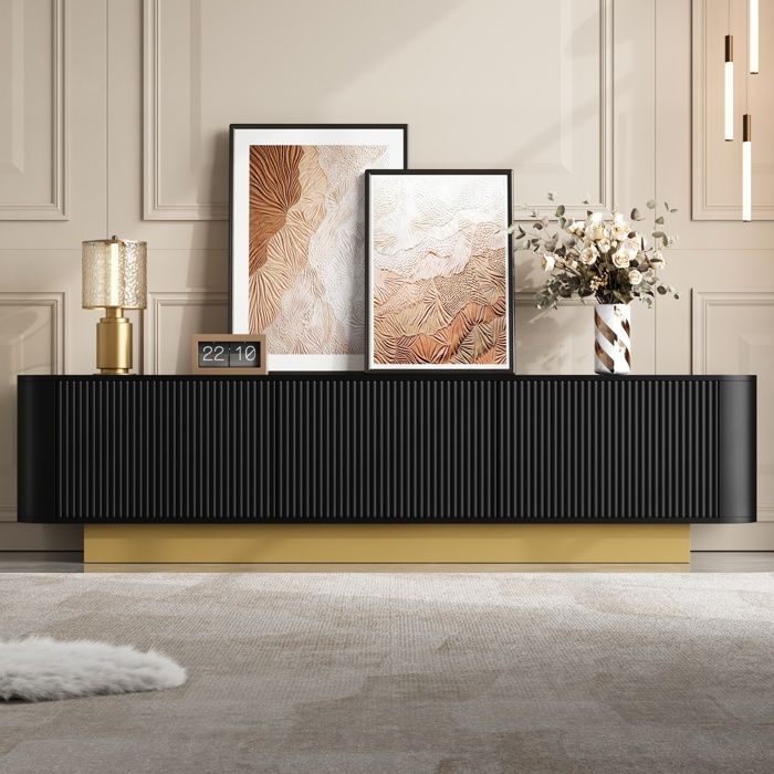 Meuble TV - Merax - avec Portes Texturées Rangement et Passe-Câbles Design Arrondi Noir Meuble TV - Merax - avec Portes Texturées Rangement et Passe-Câbles Design Arrondi Noir
