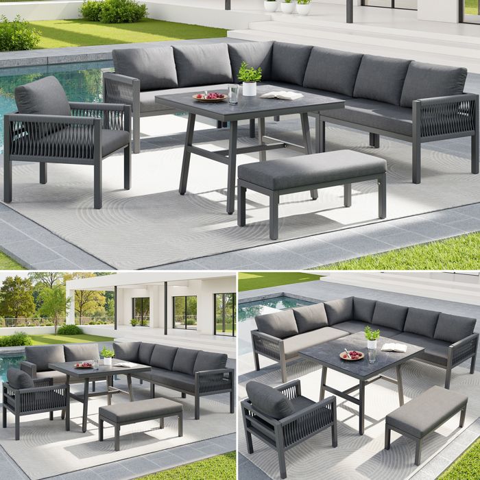 Salon de jardin modulable 8 places en L acier galvanisé coussins 8 cm table verre bois gris