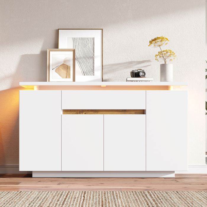 Buffet blanc avec LED 140 x 40 x 80 cm commode à 1 tiroir et 4 portes avec étagères réglables meubles de salon