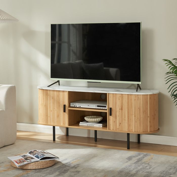 Meuble TV Tvedestrand bambou 140 x 40 x 55 cm effet marbre blanc / naturel