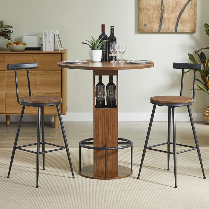 Ensemble table et tabourets de bar 3 pièces - MINIMAL - Table ronde 80 cm - 2 tabourets - Finition noyer - Piètement métal anneau
