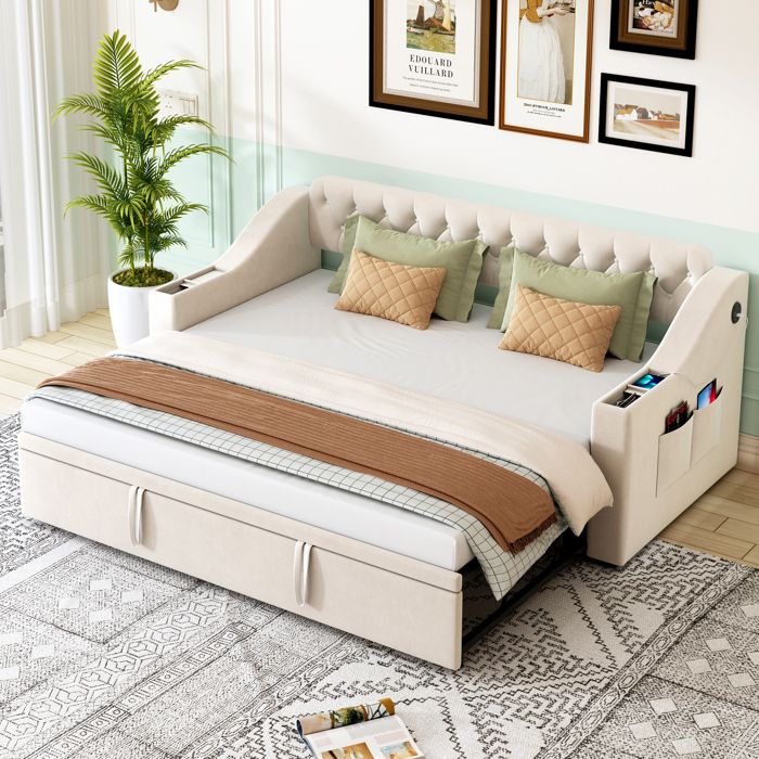 Canapé-lit rembourré - 90/180x190 cm - Accoudoirs avec étagère intégrée - Port de charge USB - Poches de rangement