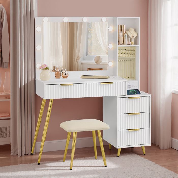 Coiffeuse avec Miroir et Tabouret Éclairage LED Multiprise 40 x 110 x 135 cm Blanc