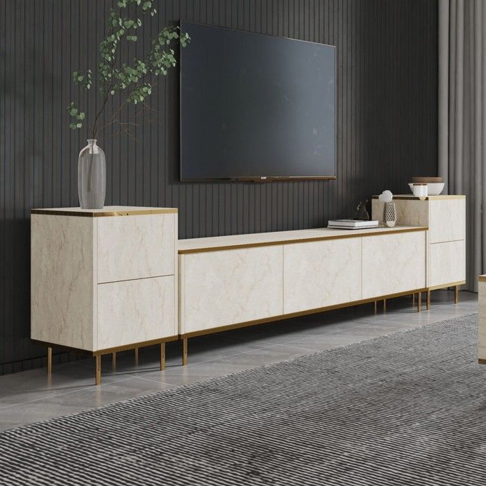 Meuble TV Cortin Dmora en Bois Nobilité Beige Marbre 260x35x45h cm Meuble TV Cortin Dmora en Bois Nobilité Beige Marbre 260x35x45h cm