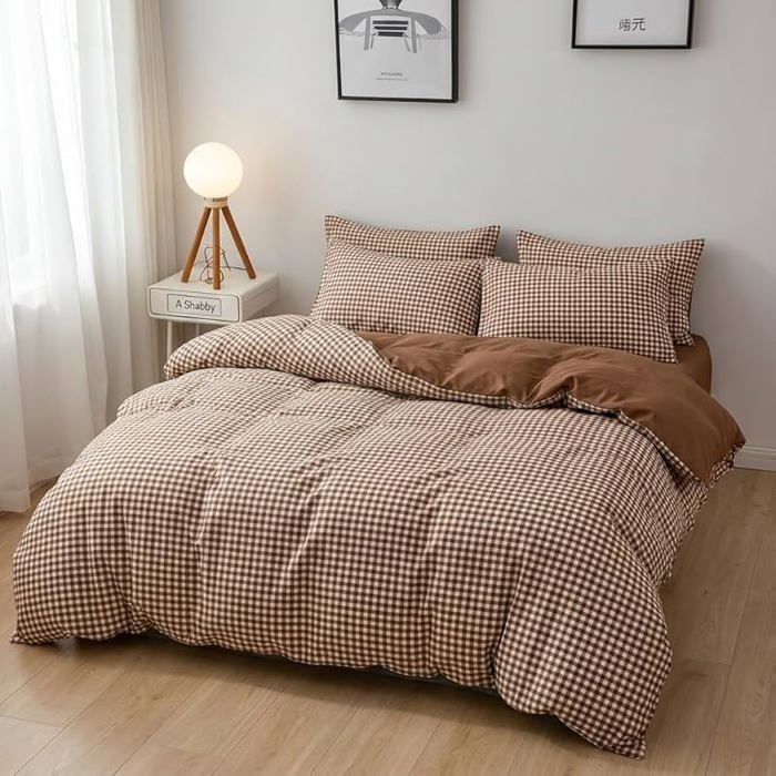 Covebett Housse de Couette 240x260 à Carreaux Marron Réversible Parure de Lit Adulte 2 240 x 260 + 2 x 65 x 65 Marron