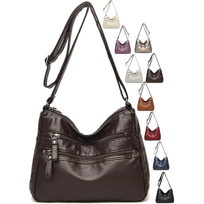 Sac bandoulière femme en cuir souple multi-poches bandoulière réglable style casual - Marron Foncé