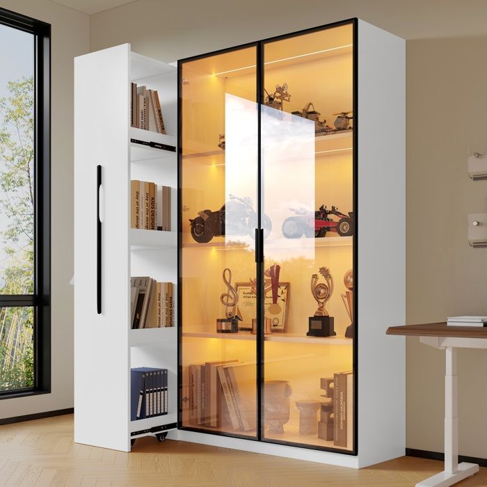 Vitrine 110 5×35×160 cm meuble multifonctionnel avec porte vitrée éclairage LED tiroir latéral coulissant meuble à roulettes blanc