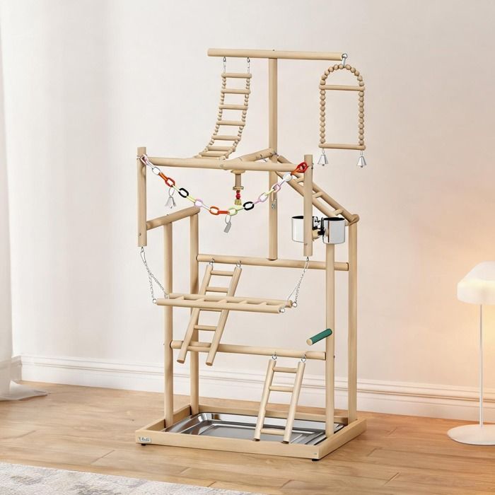 Arbre à perroquet 4 niveaux en bois naturel et acier inoxydable avec aire de jeux et accessoires pour oiseaux
