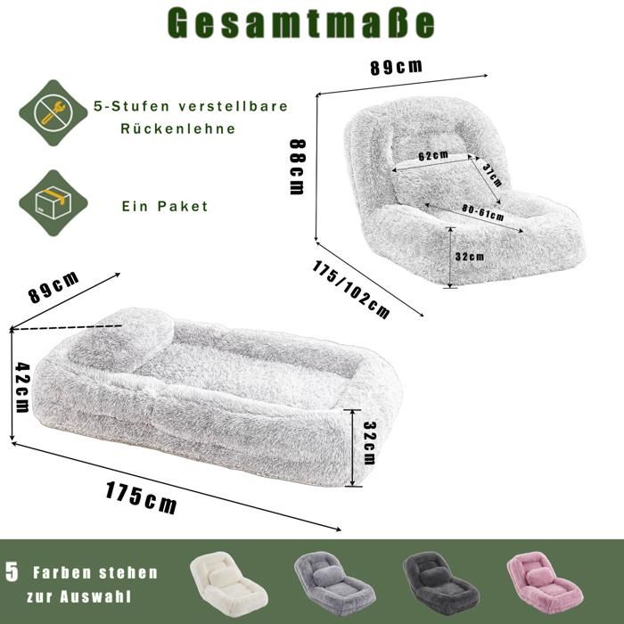 Canapé de sol convertible AESVAR 1 place dossier réglable 5 positions tissu pelucheux gris clair