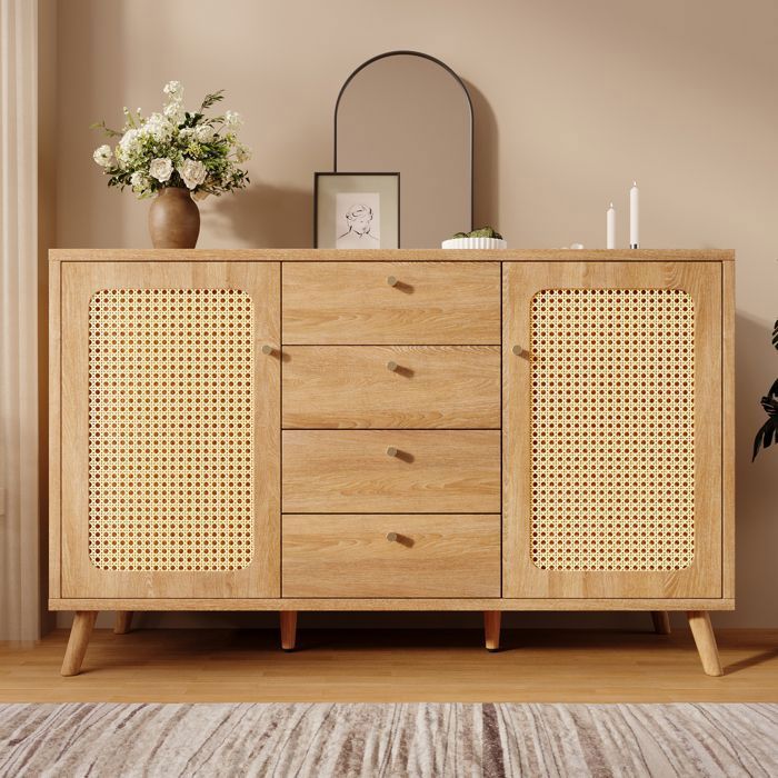 Buffet bahut - Buffet de salon avec 4 Tiroirs 2 portes en rotin - Étagères Réglables - Buffet Bahut - 140x40x86 cm - chêne clair