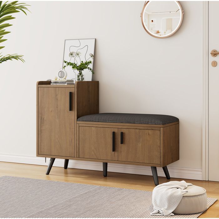 Banc À Chaussures En Bois Naturel Meuble D’entrée Moderne FloraGrace Pour Entrée Assise Rembourrée Et 3 Portes 100x34x68 5cm