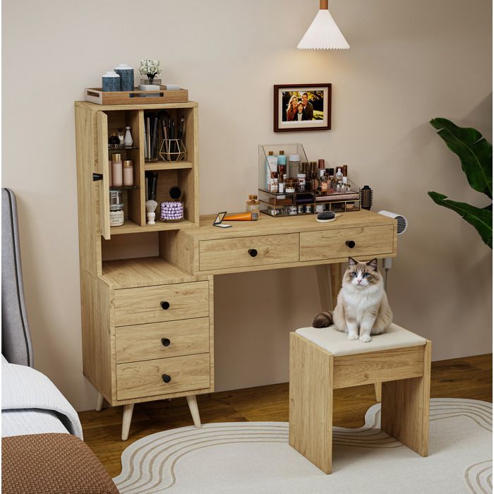Coiffeuse Miroir Escamotable 5 Tiroirs Meuble Latéral - YEAVIO - Scandinave Chambre Aspect Bois 84×40×120 cm