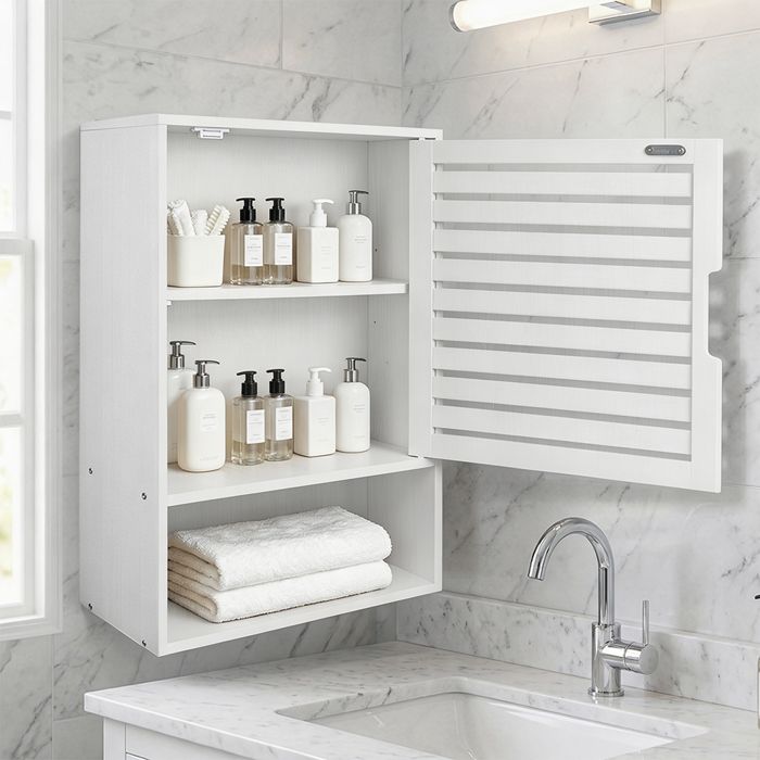 Meuble-lavabo mural avec armoire à pharmacie en bambou à une porte et étagères ouvertes-Rangement WC gain de place 20*40*60cm