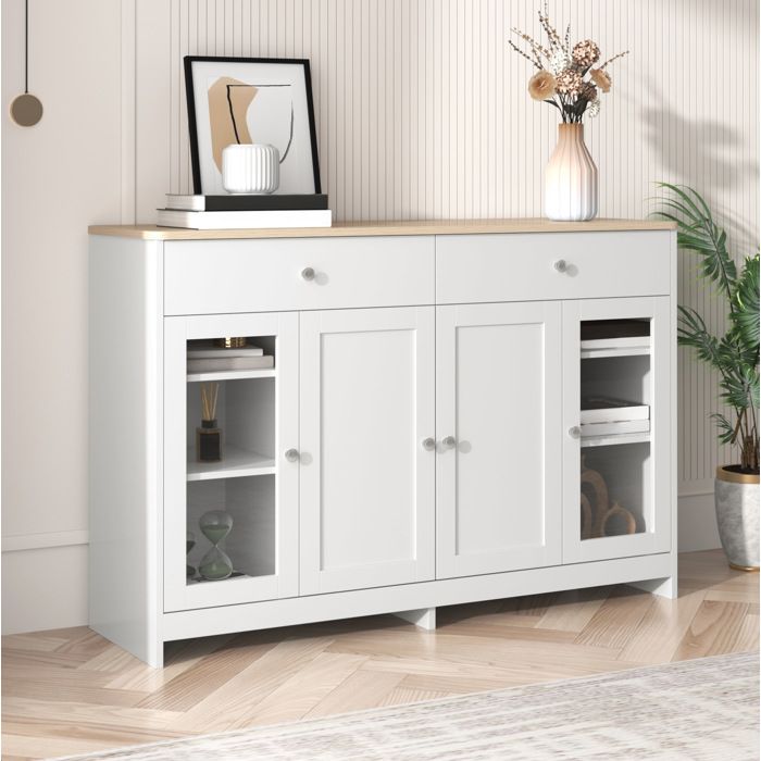 SENVIRO buffet bas 120 x 37 x 80 cm 2 tiroirs 4 portes étagères réglables MDF et panneaux de particules blanc et bois