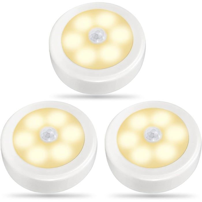 3Pack Lampes LED à Détecteur de Mouvement pour Intérieur éclairage de Placard Veilleuse à Piles Entrée (Blanc chaud)