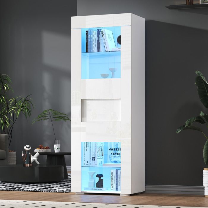 Vitrine haute 1 porte 2 étagères réglables LED - MODENVIE - salon MDF verre trempé acrylique 60×40×170 cm blanc