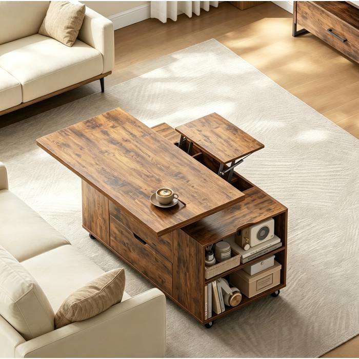 Table basse relevable roulante – Bois et métal – Marron rustique – 505 x 100 x 53 cm