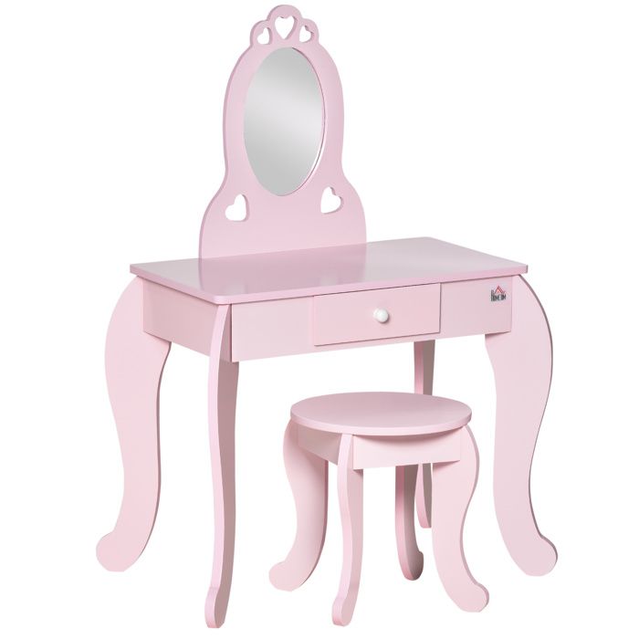 Coiffeuse enfant design à motifs cœur tabouret miroir ovale et tiroir en MDF rose