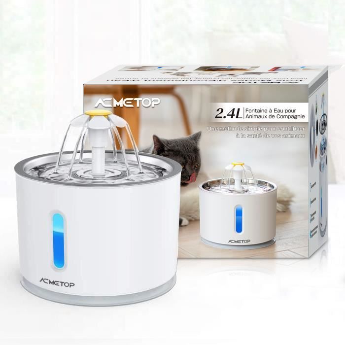2.4L Fontaine à Eau pour Chat, Distributeur Eau pour Animaux de Compagnie Arrêt Auto Sans Eau, Filtre Remplaçable, Eclairage de