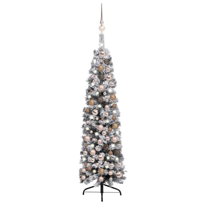 Sapin de Noël artificiel mince et LED et boules Vert 150 cm