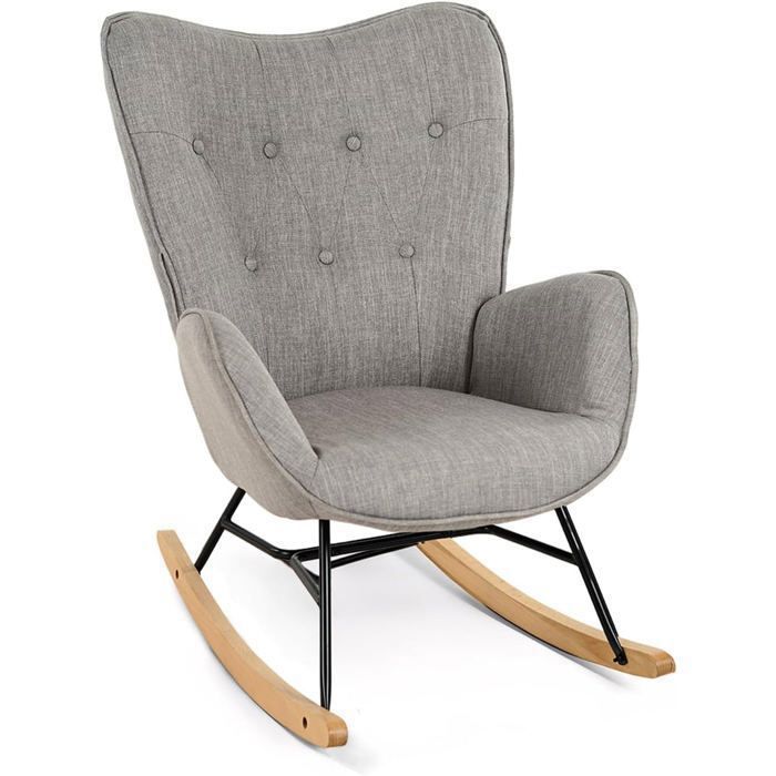 Fauteuil à bascule allaitement scandinave avec accoudoirs en tissu gris capitonné - EPPING Fauteuil à bascule allaitement scandinave avec accoudoirs en tissu gris capitonné - EPPING
