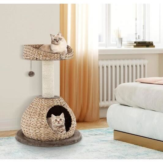 Meilleurs prix pour GYMAX Arbre à Chat avec Grattoir en Sisal, Plateforme Supérieur et Niche, Arbre à Grimper Griffoir avec Jouet Suspendu, 70,5CM