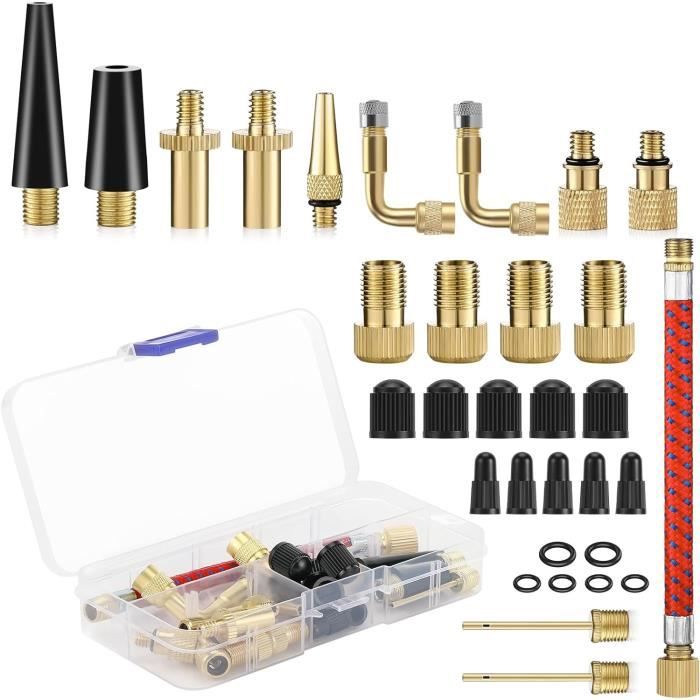 32 Pièces Embout Pompe Velo Gonfleur Ballon, Adaptateur de Valve avec Tuyau de Gonflage, pour Vélo, DV SV AV Adaptateur Pompe Velo