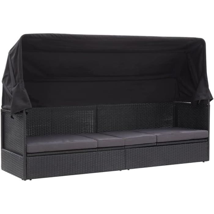 Lit-canapé dExtérieur avec Auvent de Jardin Bain de Soleil de Patio Trant de Terrasse Pare-Soleil Résine Tressée Noir[530]