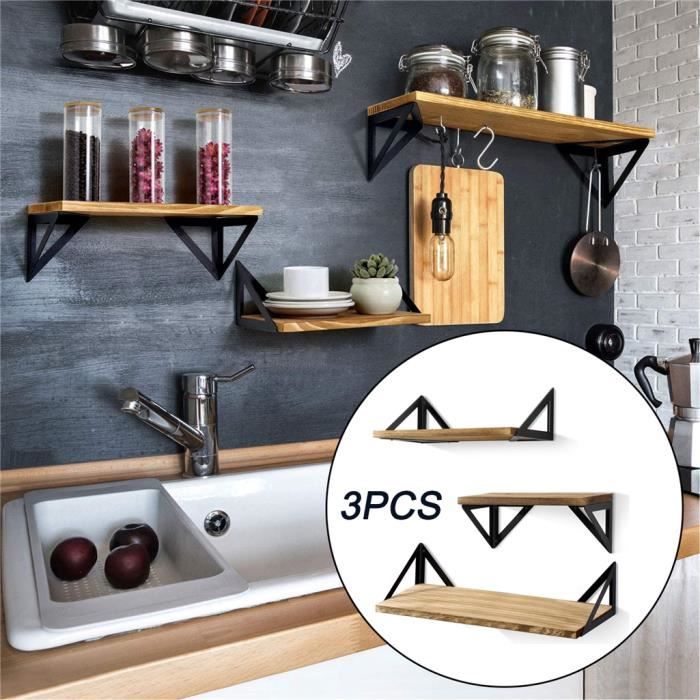 Lot de 3 Étagères Murales Flottantes en Bois et Fer Charge Maximal 15kg pour Salon Chambre Bureau Salle de Bains ou Cuisine