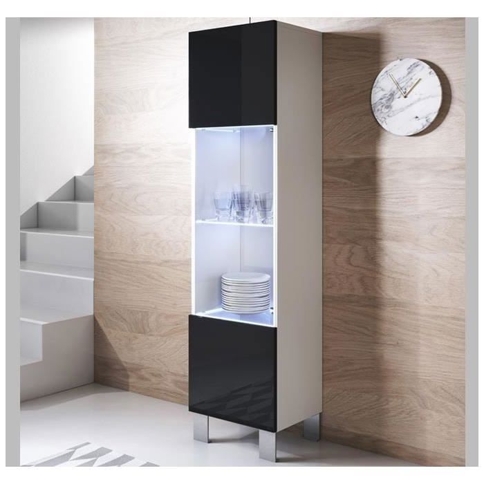 Design Ameublement - Vitrine Armoire LED LUKE V6 Sur pieds aluminium - 1 porte - Blanc et Noir Brillant - 40x177x29cm