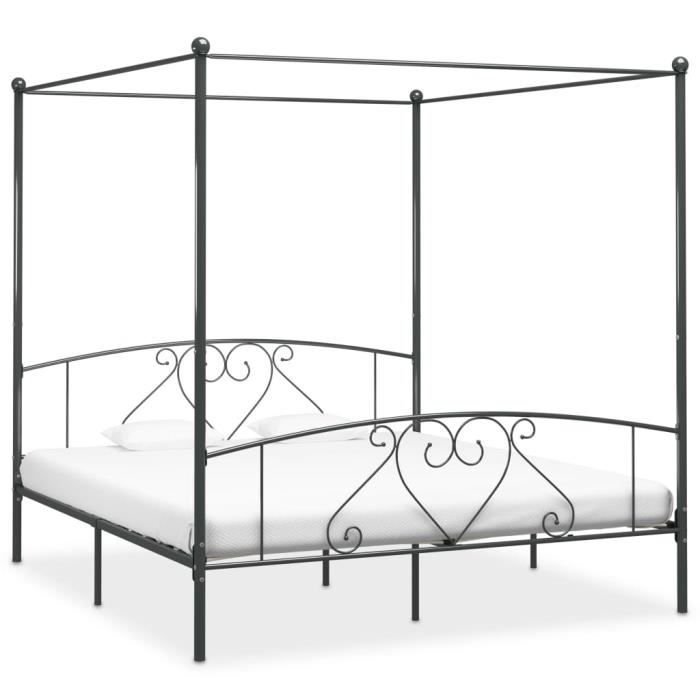 Lit Double pour 2 personnes - Beaux Rêves - Cadre de lit - à baldaquin Gris Métal 180 x 200 cm