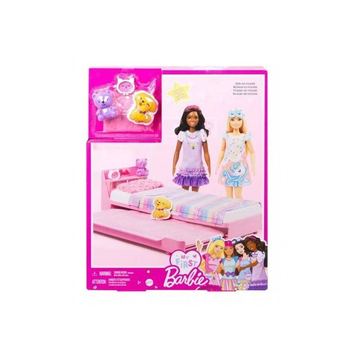 Pour Barbie Ma Premiere Poupee - Coffret Dodo soiree pyjama - Mobilier Lit rose chambre - Set accessoires maison et Carte