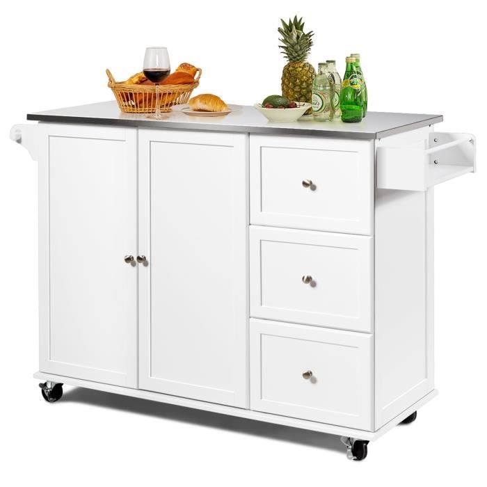 COSTWAY Desserte de Cuisine à Roulettes avec Plateau Acier Inox. îlot Chariot de Cuisine avec 3 Tiroirs 2 Portes et Porte-épices
