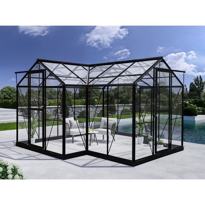 Kiosque de jardin en verre 11,5m², 3,73x3,73x2,32m avec socle, Noir Dancover Serres