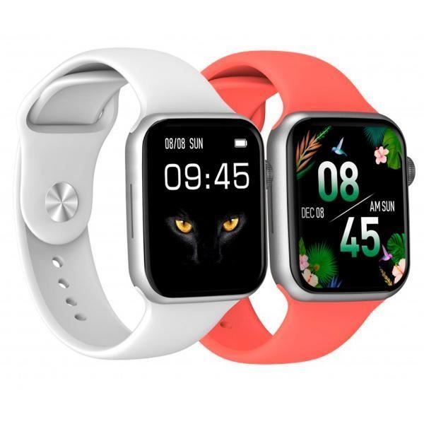 Montre connectée avec cadran carré DCU COLORFUL 2 en blanc et rouge avec écran tactile 191 connectivité GPS WiFi 5 bluetooth