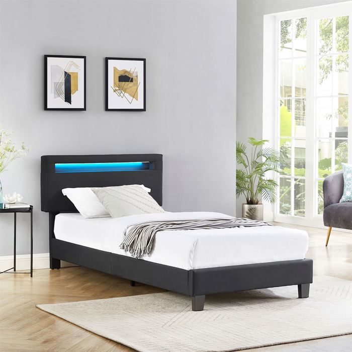 Lit LED simple AUSTIN 90x190 cm, avec sommier, rev&ecirc;tement en tissu noir