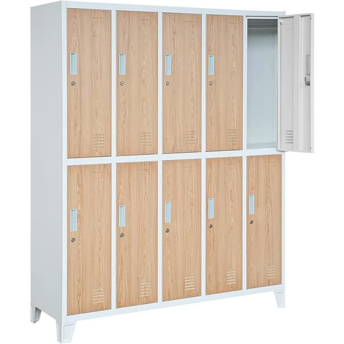 Jan Nowak Casier vestiaire Armoire Metallique 10 Compartiments revêtement en Poudre 172 x 136 x 45 cm Blanc/Imitation Bois