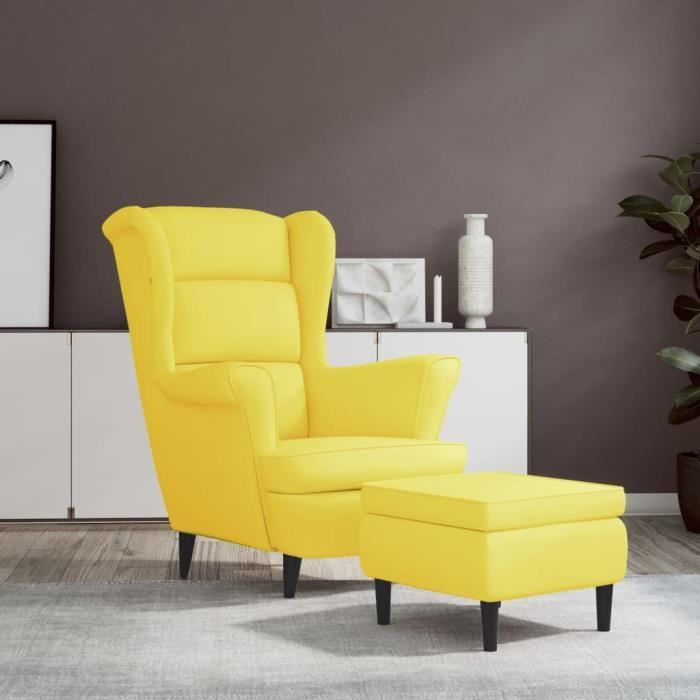 keenso fauteuil à oreilles avec tabouret jaune moutarde velours es006