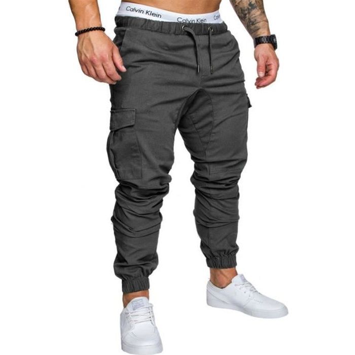 Pantalon homme decontractes pour hommes pantalons de couleur unie multi poches pantalons pour hommes Gris fonce Cdiscount Pret a Porter