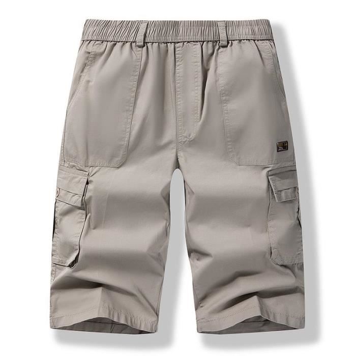 Short Cargo Homme 3/4 - Coton, Taille Élastique, Multi-Poches, Décontracté