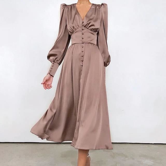 Robe longue en Satin simple boutonnage pour femme tenue de