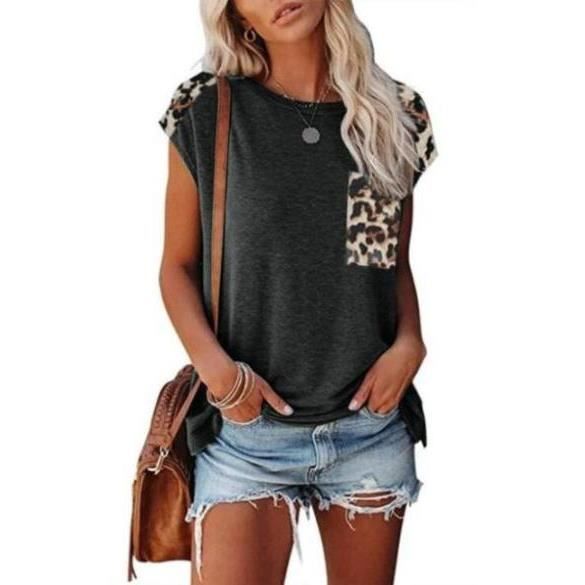 T Shirt Femme Tee shirt a Manches Courtes Femmes Col Rond epaules Denudees avec Impressions Leopard gris ZP