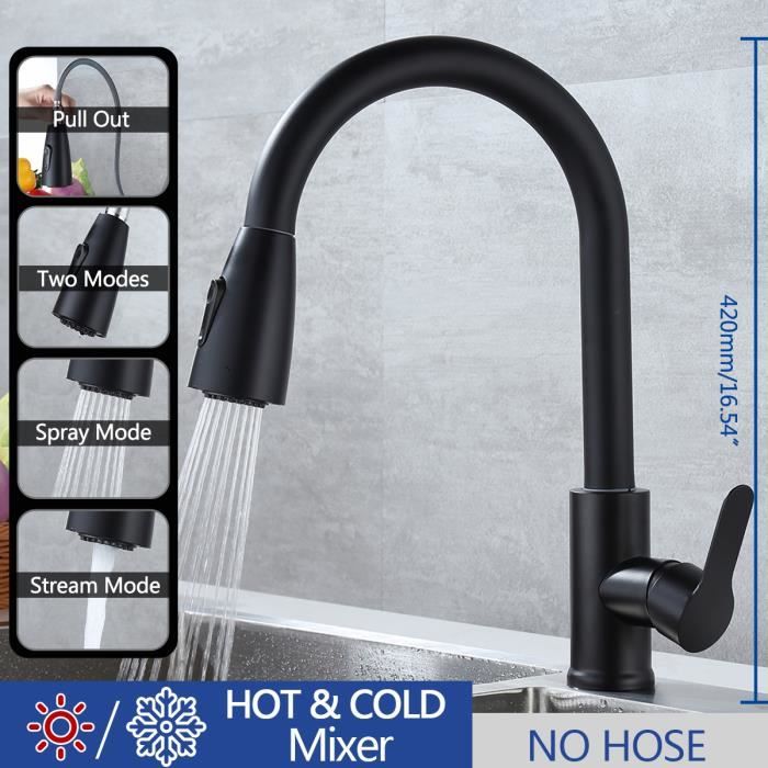 Tête De Pulvérisation Extractible Pour Robinet Cuisine/salle De Bain - Réglage Douche, Tuyau ABS Noir G1/2