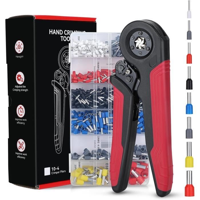 Pince à Sertir Preciva + 1200 Cosses Électriques Rouge Et Bleu 0.08-10mm² – Kit Complet