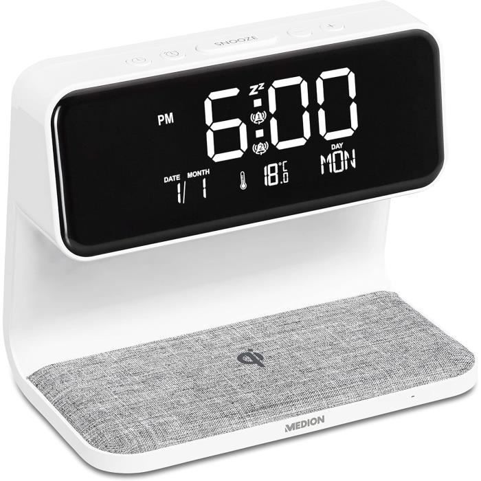 Réveil LED Avec Chargeur Sans Fil Qi – Design Bois – Affichage Réglable – USB Inclus