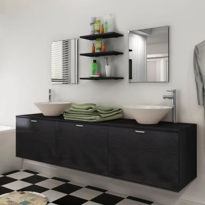 Meuble de salle de bain - VIDAXL - 8 pièces - Noir - Lavabo en céramique - Miroirs inclus