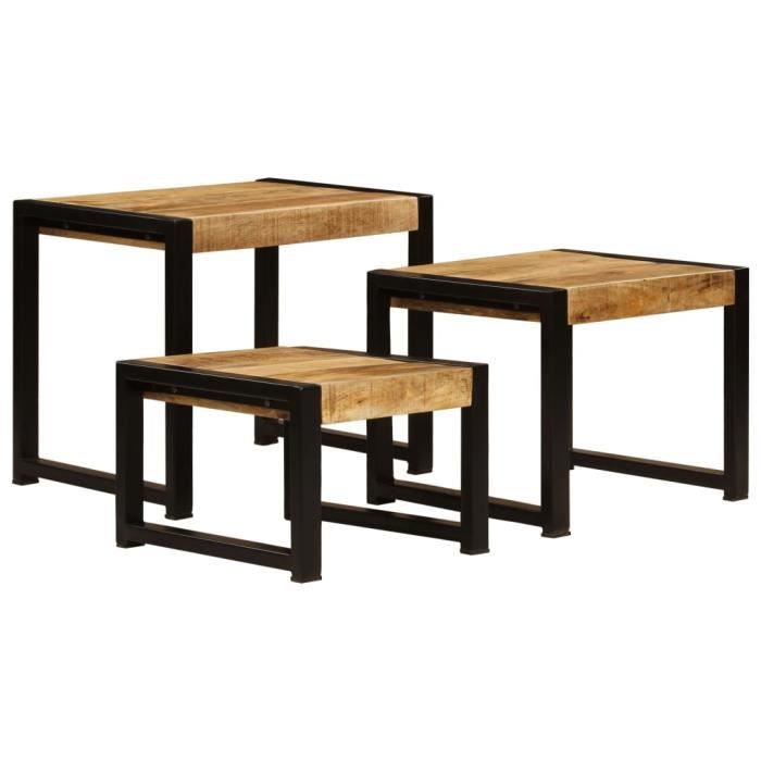 Tables gigognes - ZERODIS - Bois de manguier massif - 3 pièces - Style vintage - Empilables